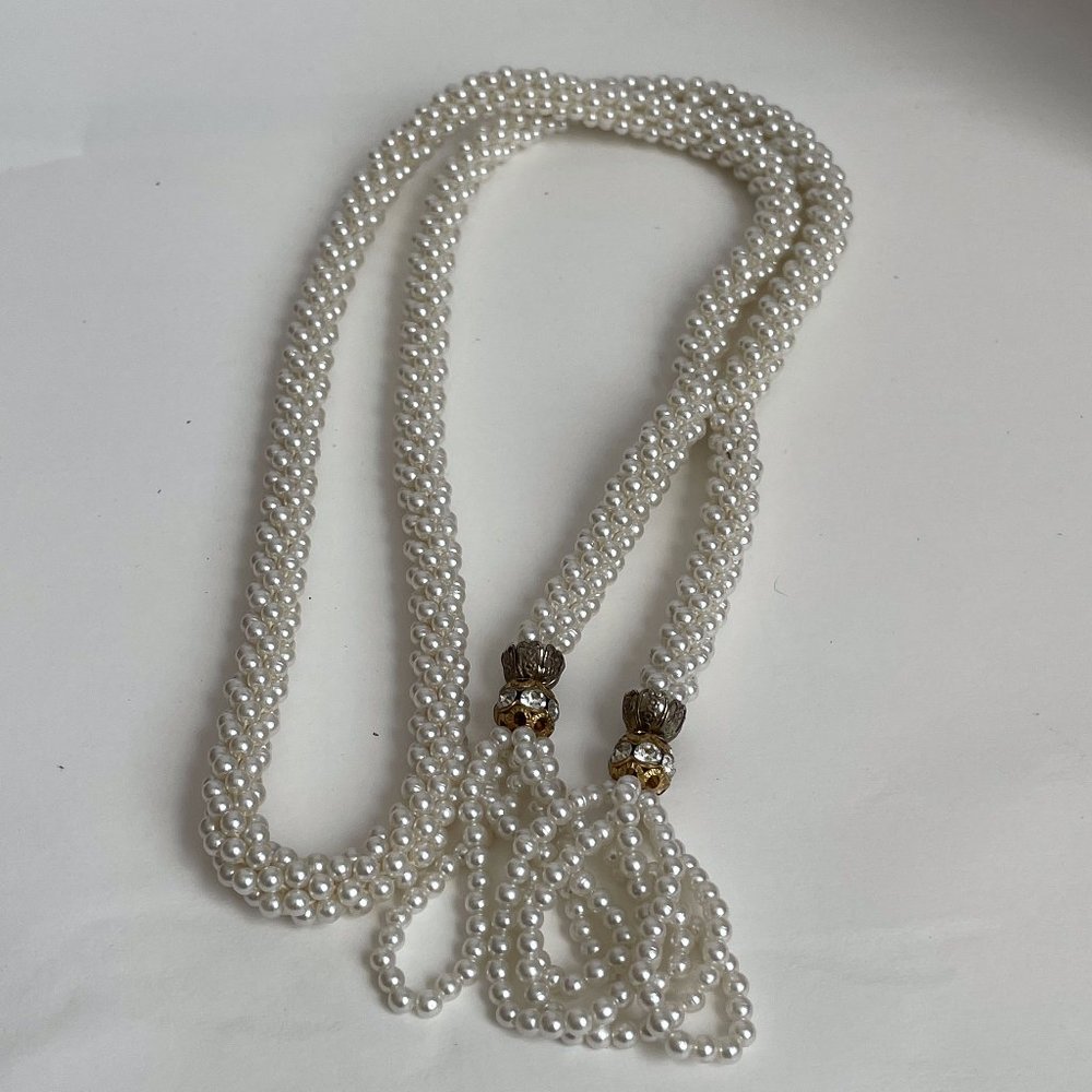 Vintage Faux Pearl Breaded Lariat Style Tassel Necklace